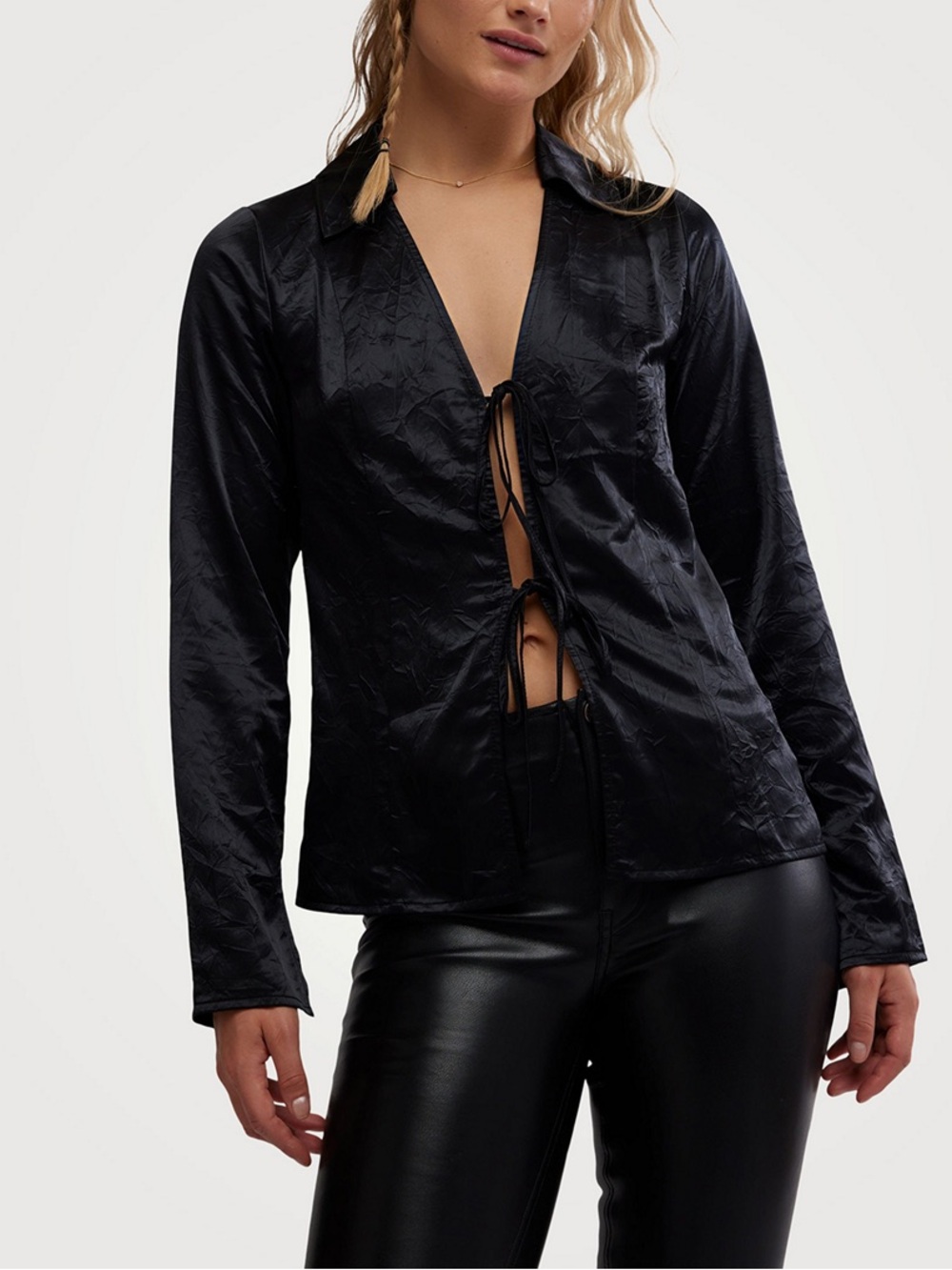 Free People Star Eyes Tie- Front Satin Blouse Size Medium Women’s